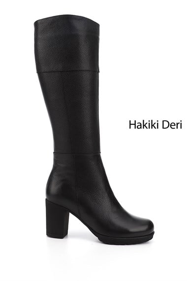 Kadın Siyah Floter Fermuarlı Kalın Topuklu Hakiki Deri Çizme