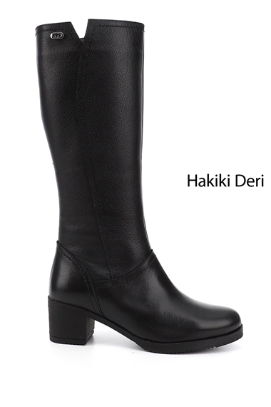 Kadın Siyah Floter Fermuarlı Kalın Topuklu Hakiki Deri Çizme