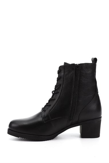 Womens Black Floater Zipper Thick Heel Genuine Leather Combat Boots