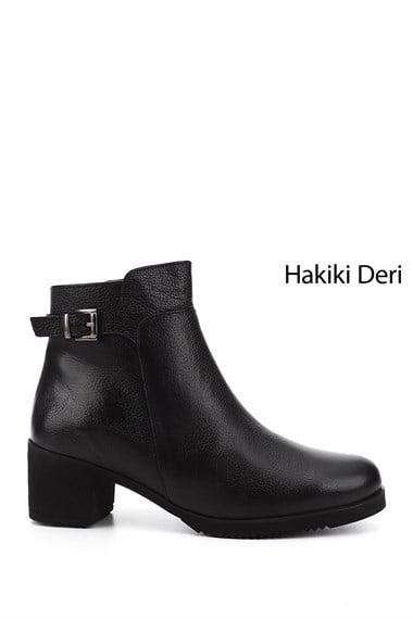 Kadın Siyah Floter Fermuarlı Kalın Topuklu Hakiki Deri Bot