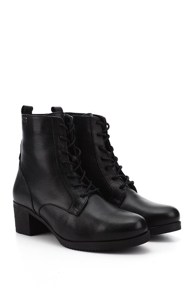 Kadın Siyah Floter Fermuarlı Kalın Topuklu Hakiki Deri Postal Bot