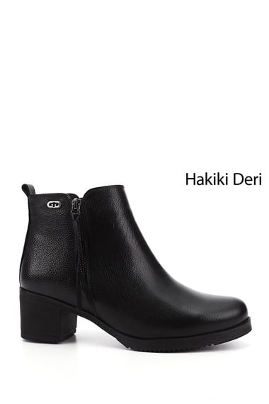 Kadın Siyah Floter Fermuarlı Kalın Topuklu Hakiki Deri Bot