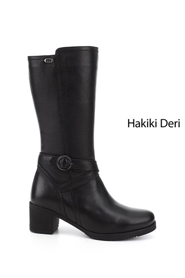 Kadın Siyah Floter Fermuarlı Kalın Topuklu Hakiki Deri Çizme