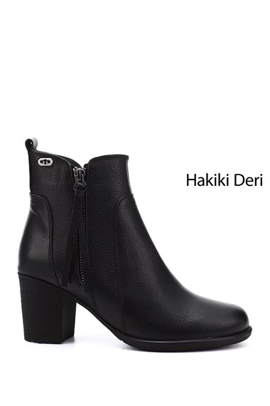 Kadın Siyah Floter Fermuarlı Kalın Topuklu Hakiki Deri Bot