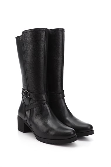 Womens Black Floater Zippered Rubber Sole Genuine Leather Boots