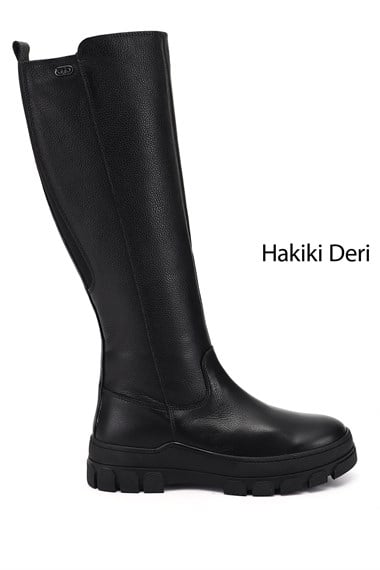 Womens Black Floater Zippered Rubber Sole Genuine Leather Boots