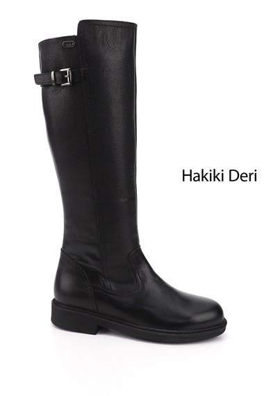 Kadın Siyah Floter Fermuarlı Kauçuk Taban Hakiki Deri Çizme