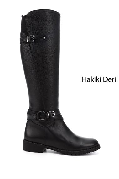 Kadın Siyah Floter Fermuarlı Kauçuk Taban Hakiki Deri Çizme