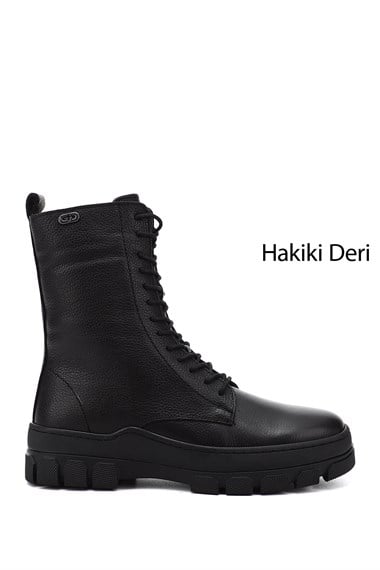 Kadın Siyah Floter Fermuarlı Kauçuk Taban Hakiki Deri Postal Bot