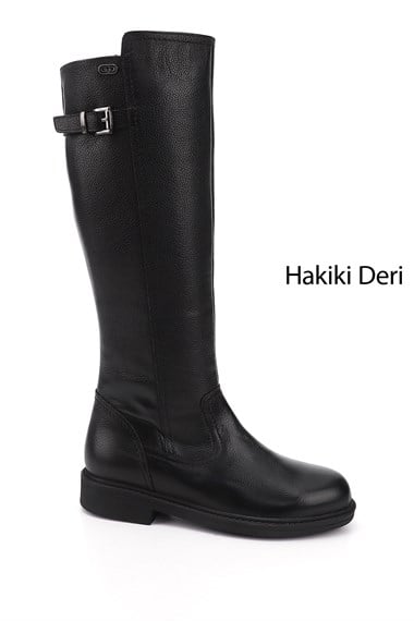 Kadın Siyah Floter Fermuarlı Kauçuk Taban Hakiki Deri Çizme