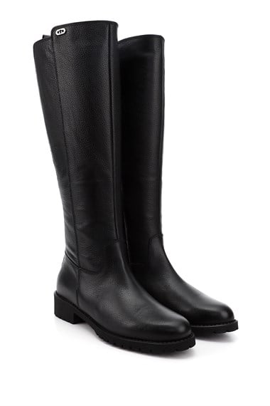 Womens Black Floater Zippered Rubber Sole Genuine Leather Boots