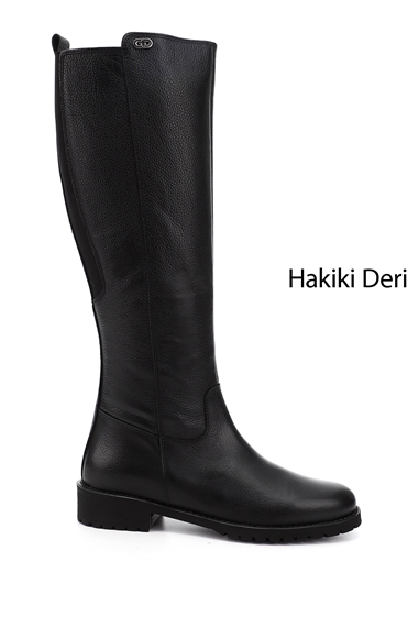 Kadın Siyah Floter Fermuarlı Kauçuk Taban Hakiki Deri Çizme