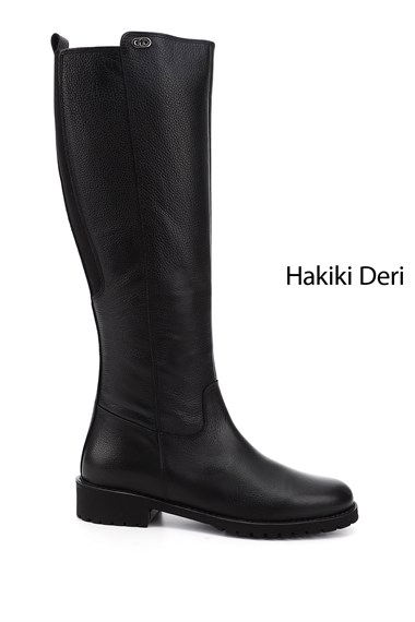 Kadın Siyah Floter Fermuarlı Kauçuk Taban Hakiki Deri Çizme