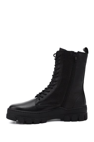 Kadın Siyah Floter Fermuarlı Kauçuk Taban Hakiki Deri Postal Bot