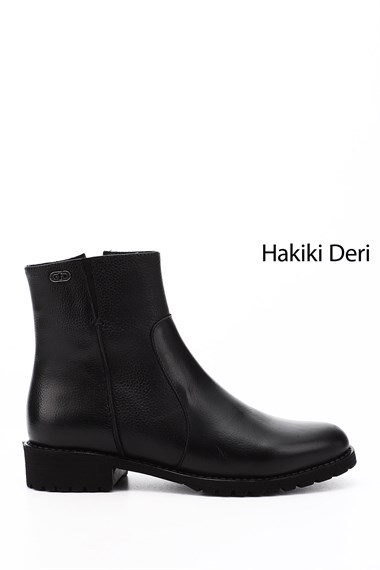 Kadın Siyah Floter Fermuarlı Kauçuk Taban Hakiki Deri Bot