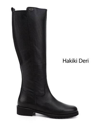 Womens Black Floater Zippered Rubber Sole Genuine Leather Boots