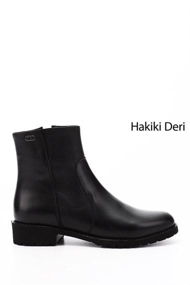 Kadın Siyah Floter Fermuarlı Kauçuk Taban Hakiki Deri Bot