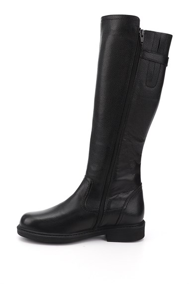 Kadın Siyah Floter Fermuarlı Kauçuk Taban Hakiki Deri Çizme