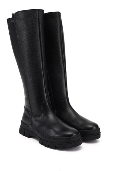 Womens Black Floater Zippered Rubber Sole Genuine Leather Boots