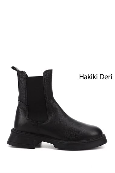 Kadın Siyah Floter Kalın Taban Hakiki Deri Chelsea Bot