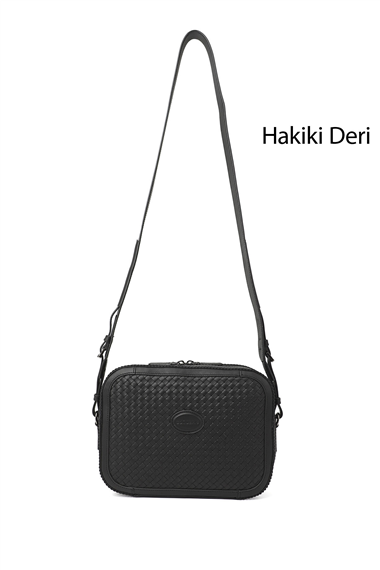 Kadın Siyah Hakiki Deri Hasır Örgü Uzun Askılı Omuz Çantası