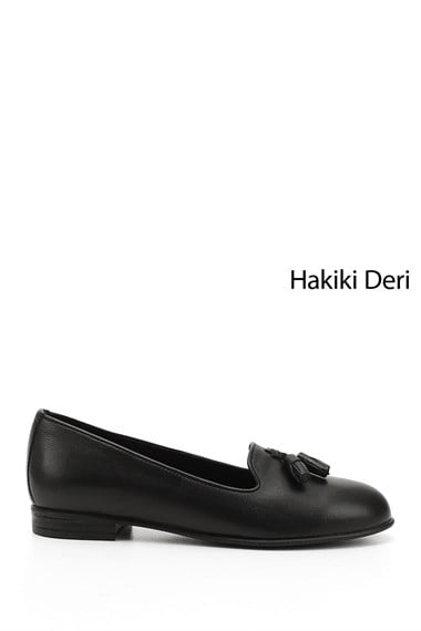 Kadın Siyah Hakiki Deri Püsküllü Babet
