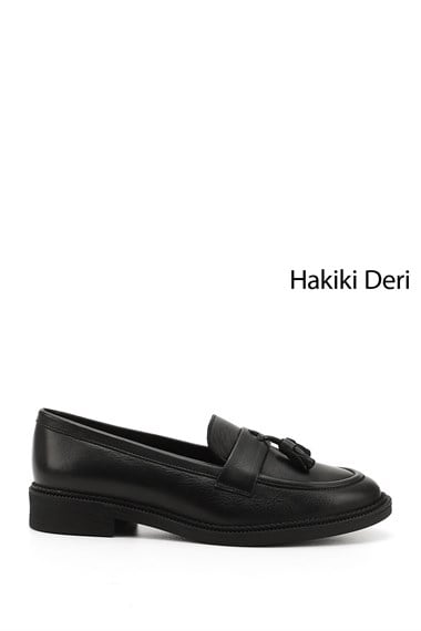 Kadın Siyah Hakiki Deri Püsküllü Loafer Ayakkabı