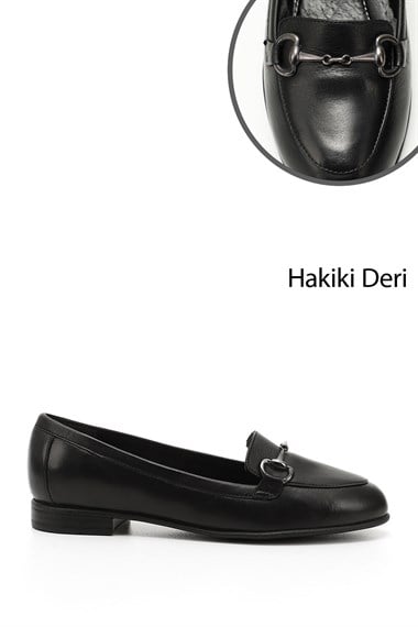 Kadın Siyah Hakiki Deri Tokalı Babet