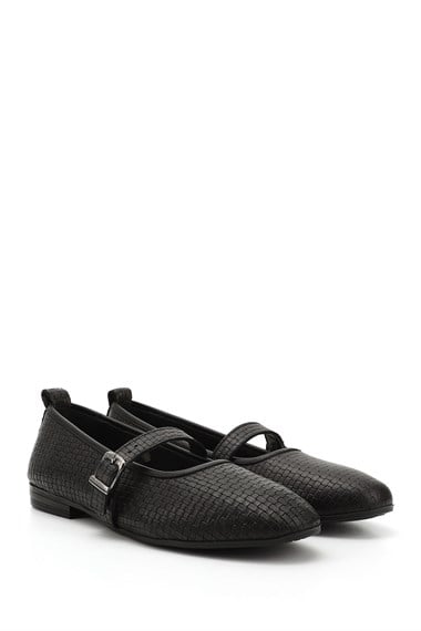 Womens Black Flat Sole Genuine Leather Ballerina Shoes