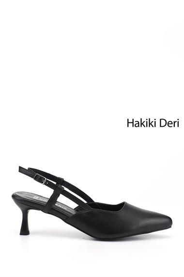 Kadın Siyah İnce Topuklu Arkası Açık Hakiki Deri Ayakkabı