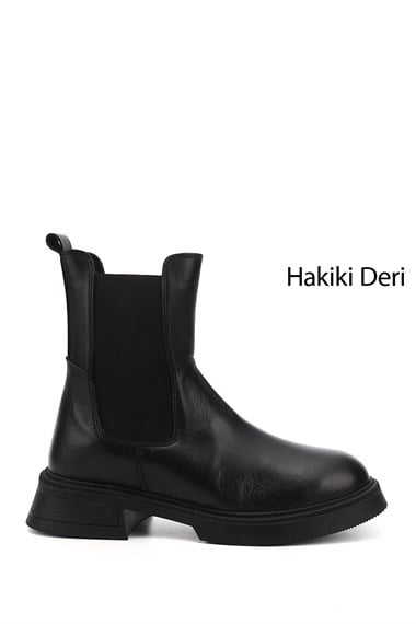 Kadın Siyah Kalın Taban Hakiki Deri Chelsea Bot