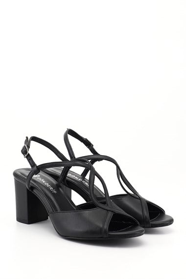 Kadın Siyah Kalın Topuklu Arkası Açık Hakiki Deri Sandalet