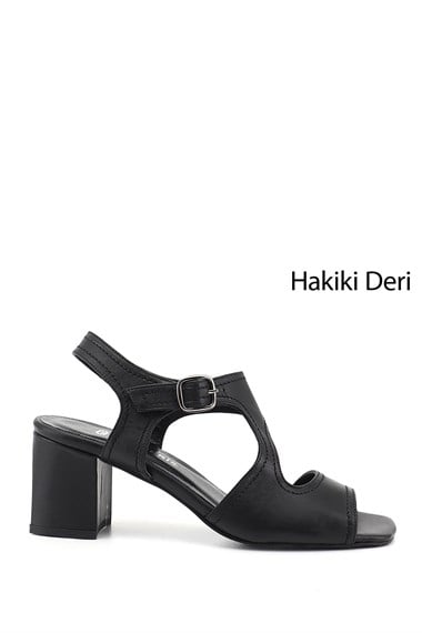 Kadın Siyah Kalın Topuklu Arkası Açık Hakiki Deri Sandalet