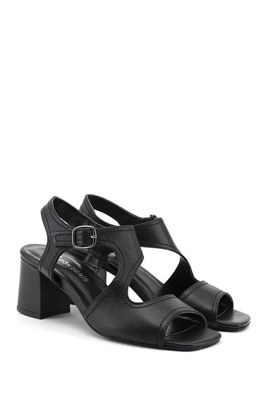 Kadın Siyah Kalın Topuklu Arkası Açık Hakiki Deri Sandalet