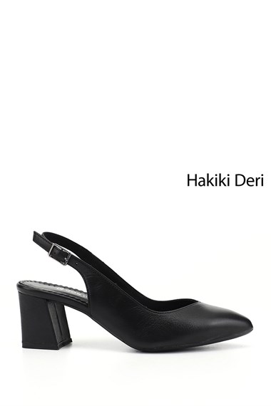 Kadın Siyah Kalın Topuklu Arkası Açık Hakiki Deri Ayakkabı