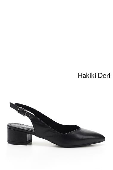 Kadın Siyah Kalın Topuklu Arkası Açık Hakiki Deri Ayakkabı