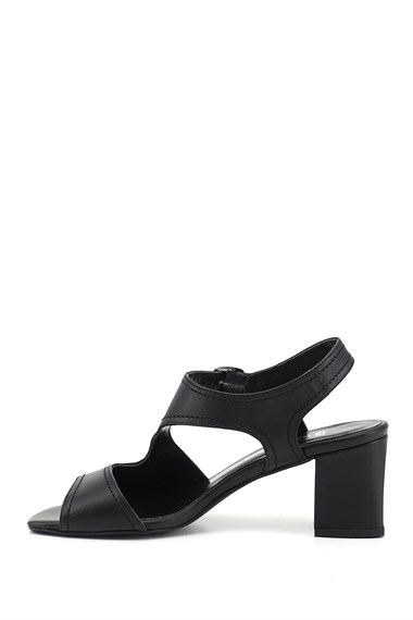 Kadın Siyah Kalın Topuklu Arkası Açık Hakiki Deri Sandalet
