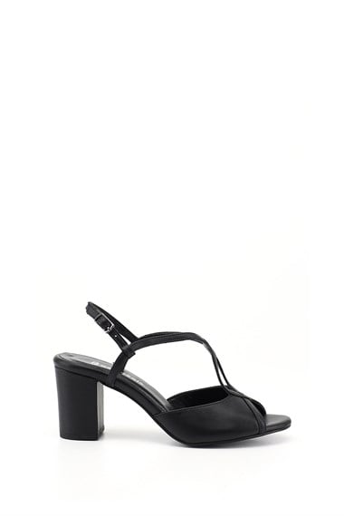 Kadın Siyah Kalın Topuklu Arkası Açık Hakiki Deri Sandalet
