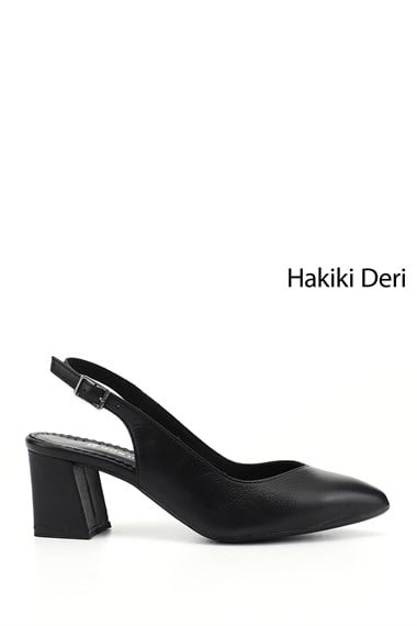 Kadın Siyah Kalın Topuklu Arkası Açık Hakiki Deri Ayakkabı