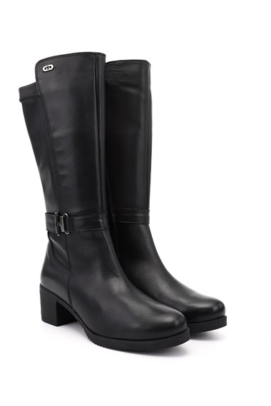 Womens Black Chunky Heel Genuine Leather Boots