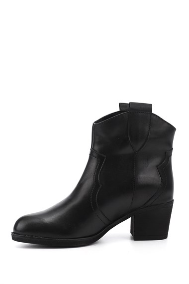 Womens Black Thick Heel Genuine Leather Cowboy Boots