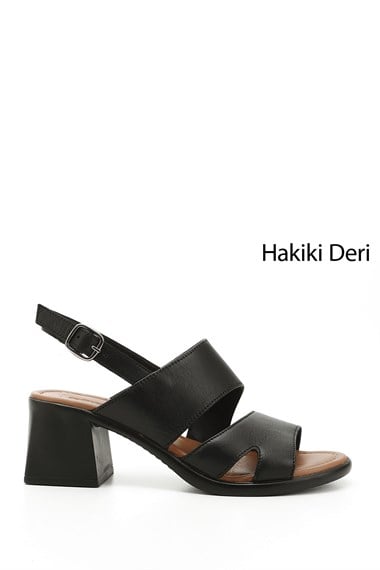 Kadın Siyah Kalın Topuklu Hakiki Deri Sandalet