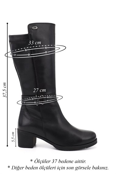 Womens Black Chunky Heel Genuine Leather Boots