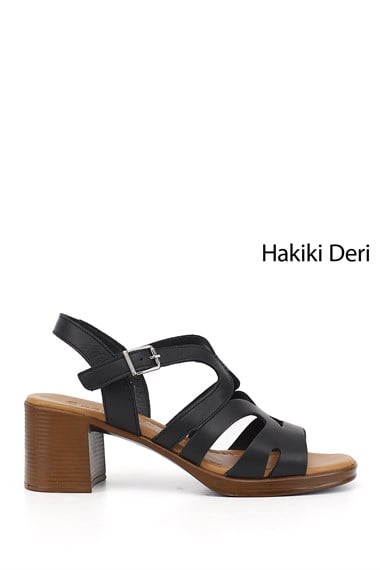 Kadın Siyah Kalın Topuklu Hakiki Deri Sandalet