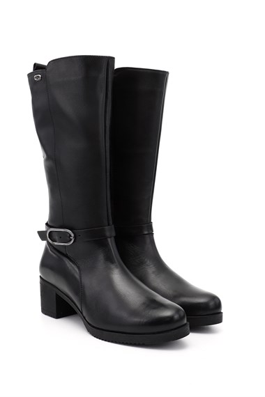 Womens Black Chunky Heel Genuine Leather Boots