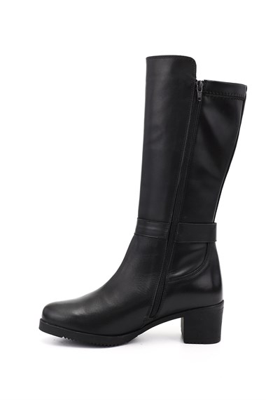 Womens Black Chunky Heel Genuine Leather Boots