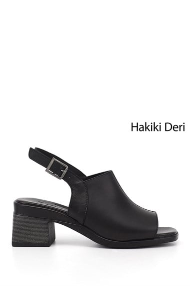 Kadın Siyah Kalın Topuklu Hakiki Deri Sandalet