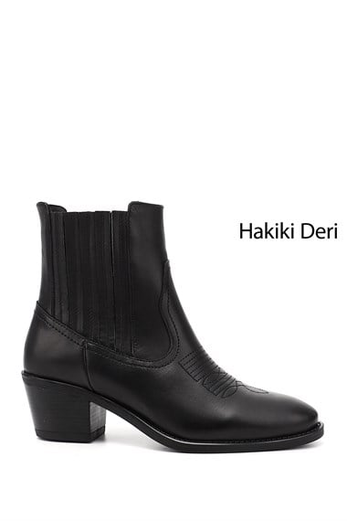 Womens Black Thick Heeled Genuine Leather Cowboy Boots