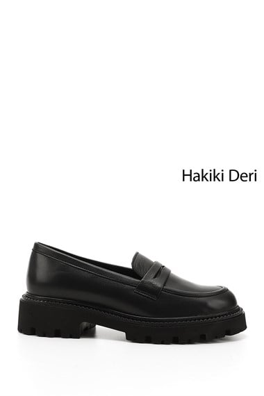 Kadın Siyah Kalın Topuklu Hakiki Deri Loafer Ayakkabı