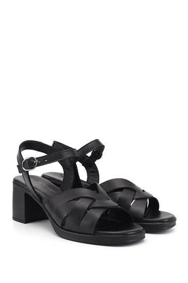 Kadın Siyah Kalın Topuklu Hakiki Deri Sandalet